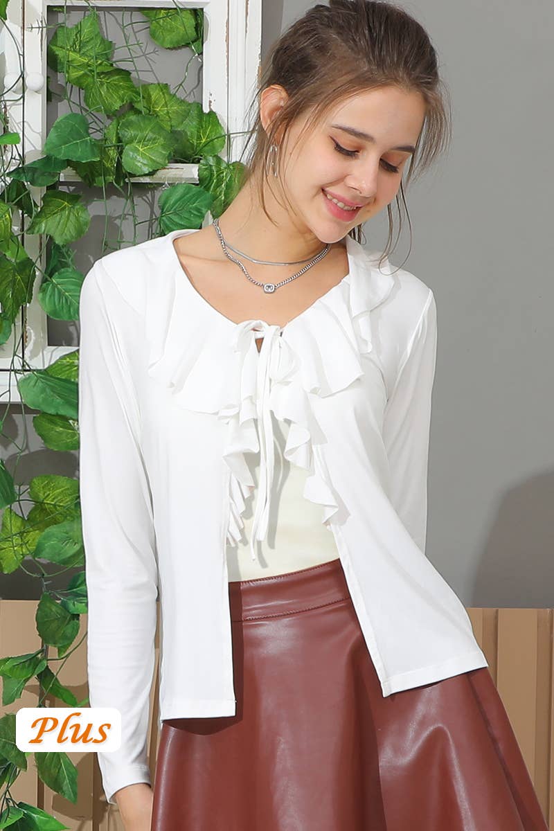 CWOCAL537_LONG SLEEVE RUFFLE NECK TIED CASUAL CARDIGAN