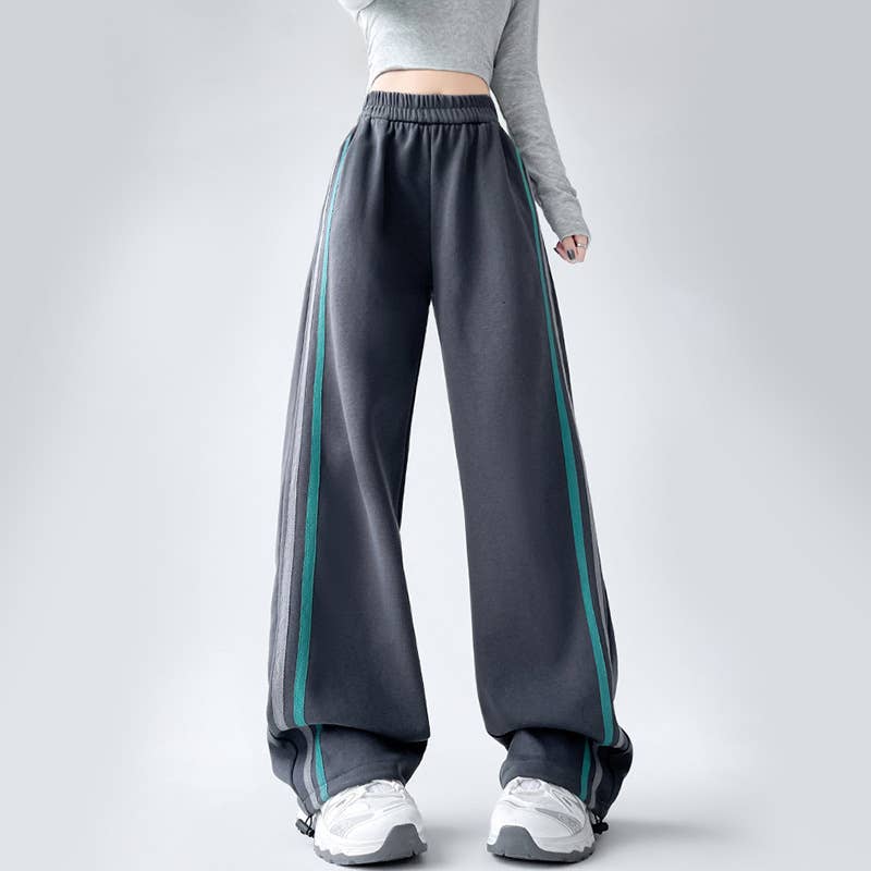 ATHLEISURE STRIPED HIGH WAIST STRAIGHT LEG SLACKS