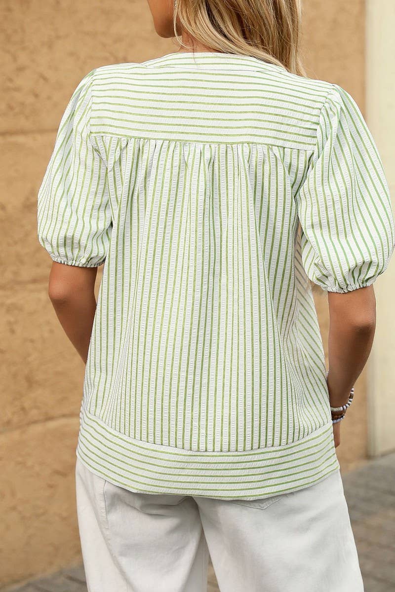 CWTBLS1814_SUMMER V-NECK PUFF SLEEVE STRIPED SHIRT