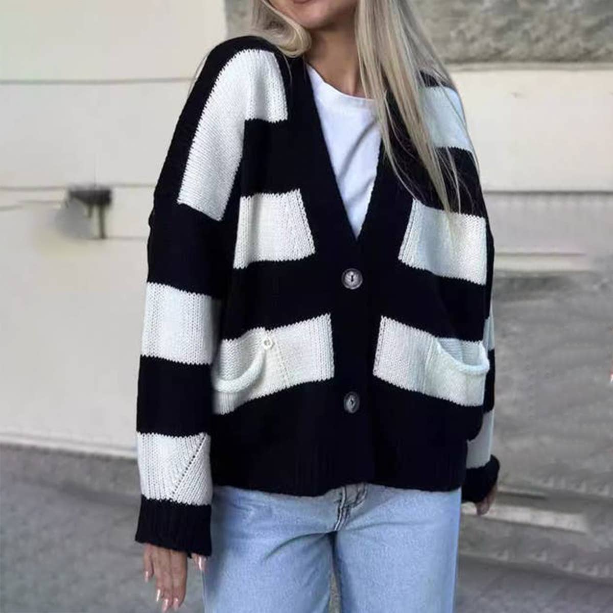 Color contrast striped loose sweater cardigan