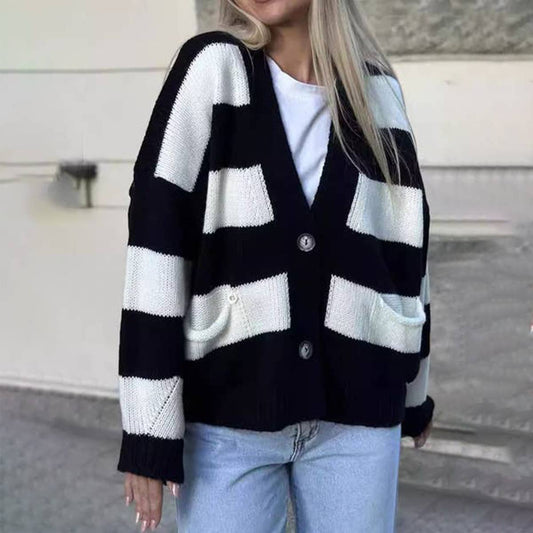 Color contrast striped loose sweater cardigan