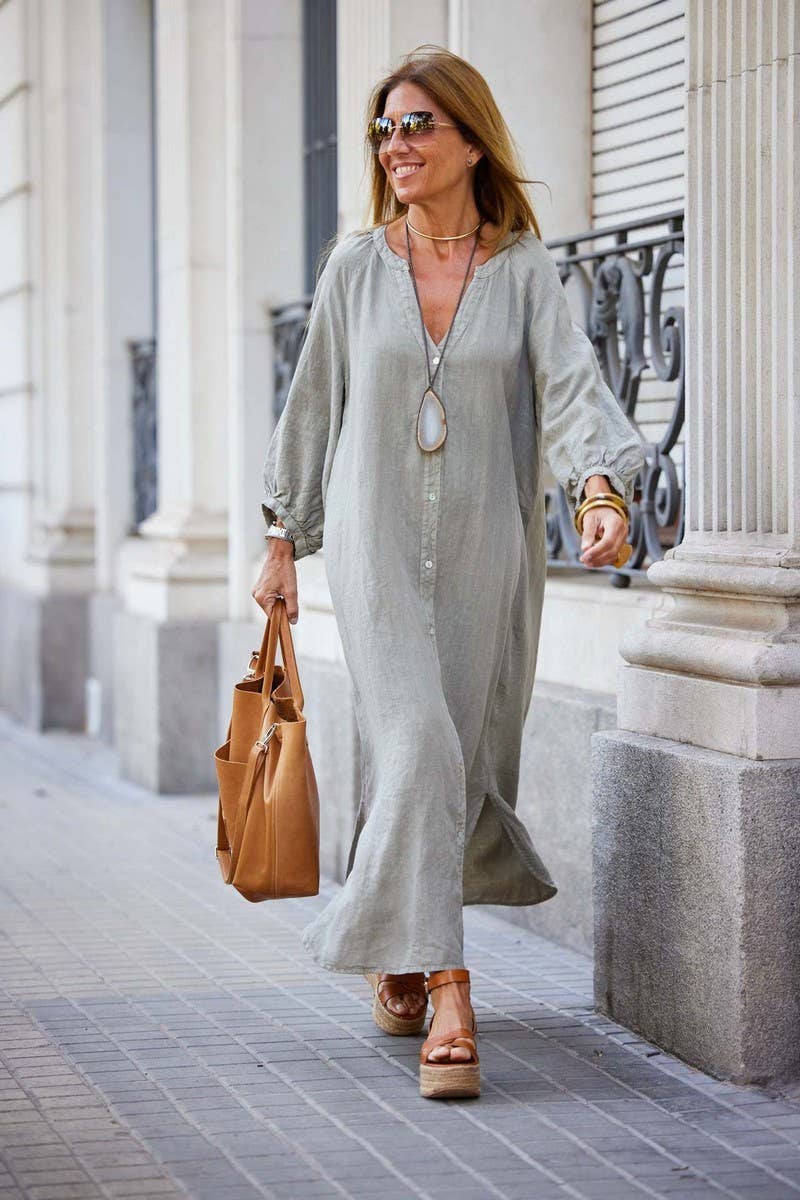 CWDMD6336_LINEN COTTON BUTTON DOWN SHIRT MAXI DRESS