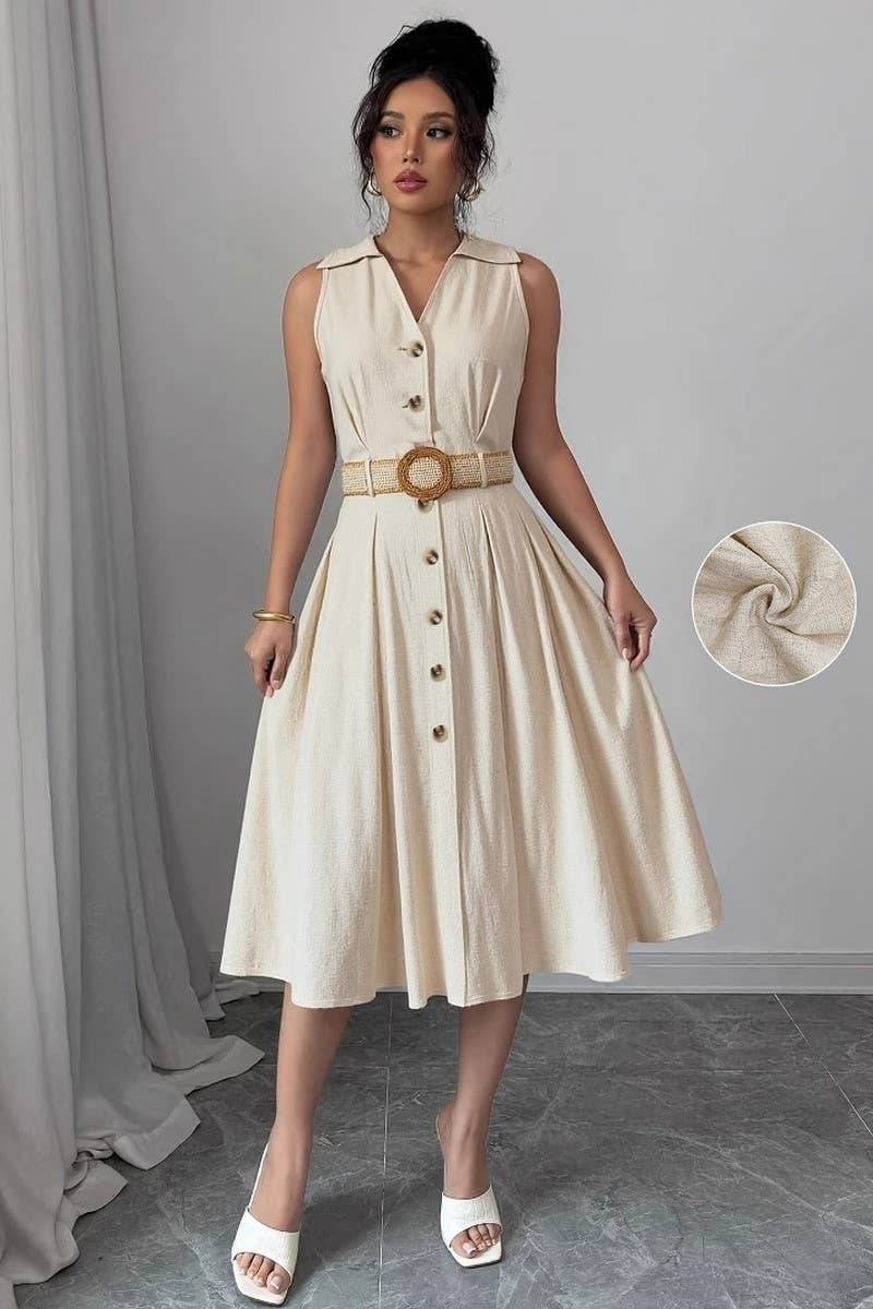 CWDMD6355_LINEN TEXTURE V-NECK SLEEVELESS BUTTON-UP DRESS