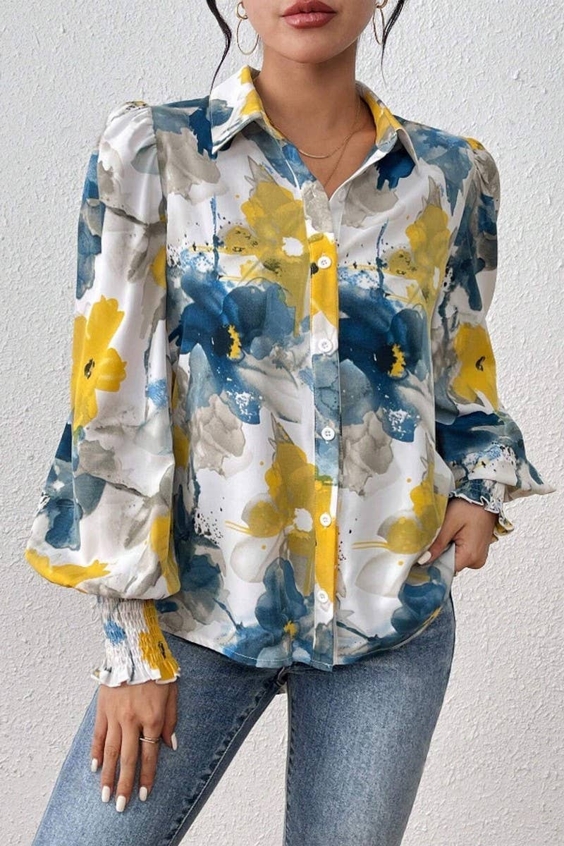 CWTSTL2885_PRINTED COLLARED PUFF SLEEVE LOOSE FIT SHIRT