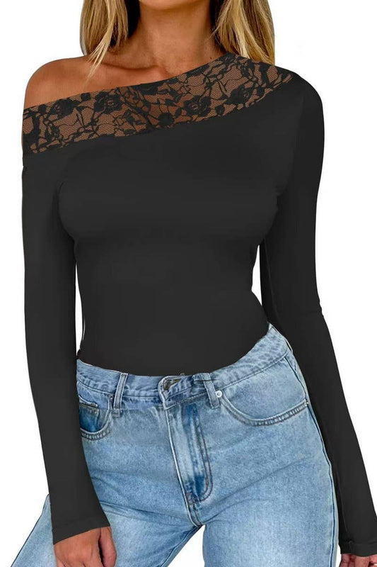 CWTBLL3963_MESH PATCHWORK SHEER SLIM FIT LONG SLEEVE TOP