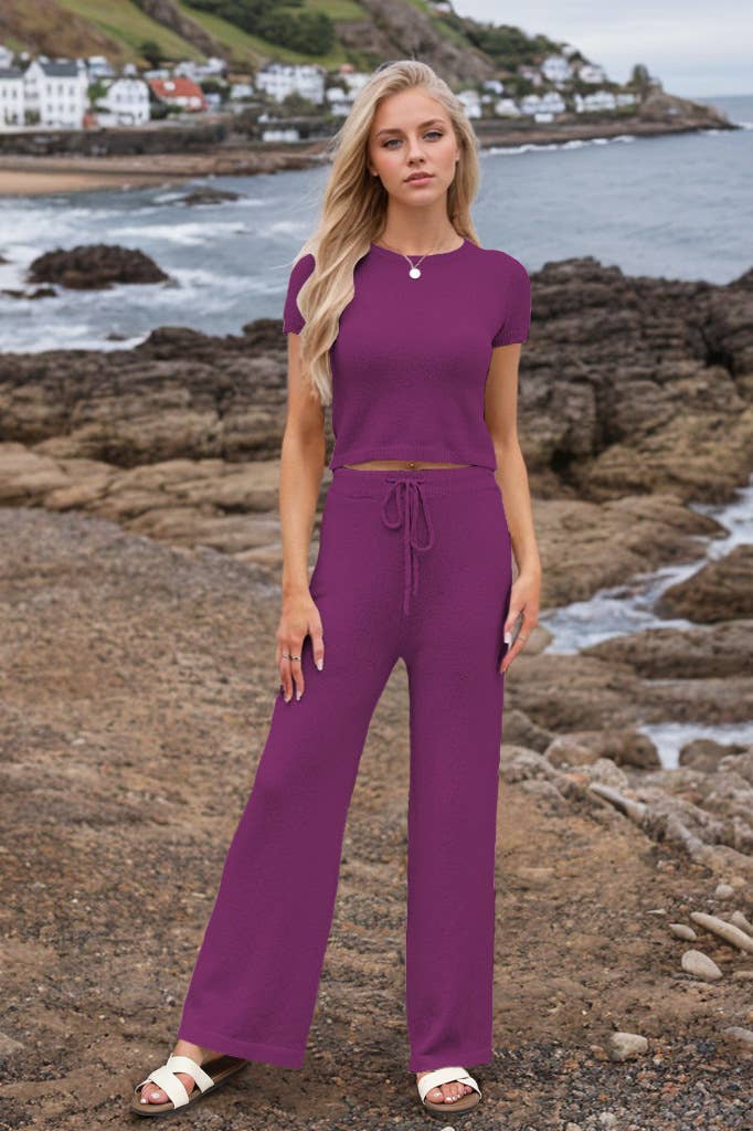 Casual solid color knit pants short sleeve suit