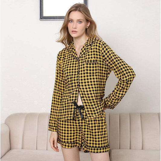 Checked long-sleeved shirt shorts pajama set