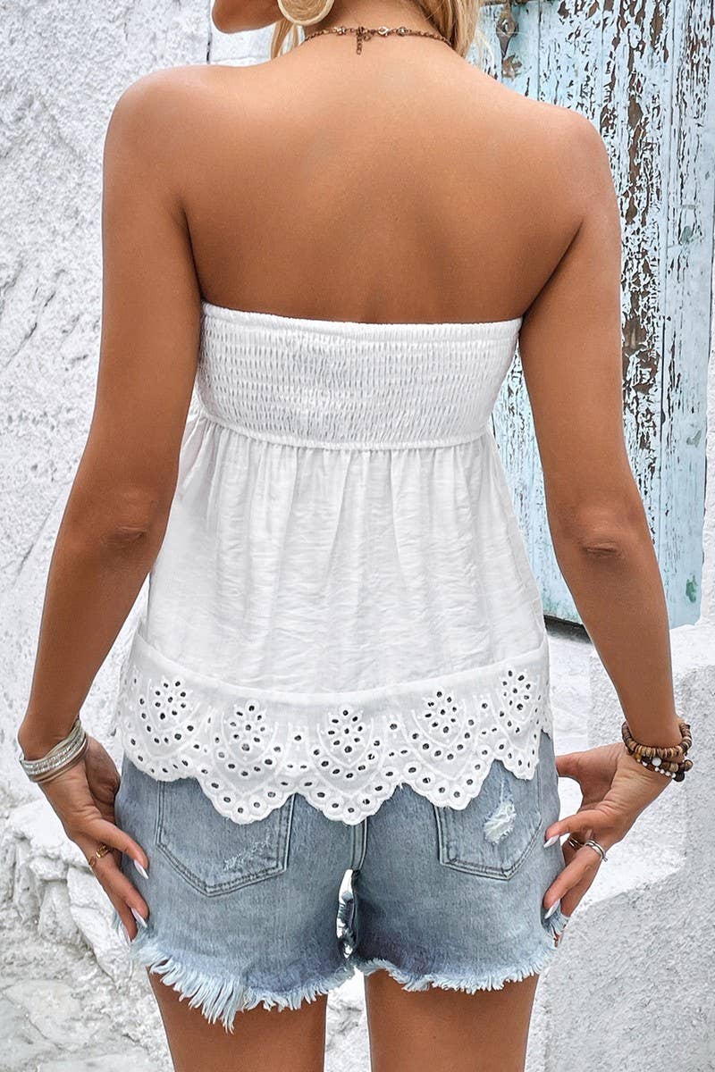 CWTTT0069_LACE TRIM RUCHED STRAPLESS SLIM FIT CROP TOP