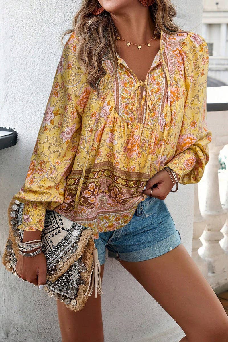 CWTBLL3942_BOHO V-NECK TIE FRONT PRINTED LONG SLEEVE BLOUSE