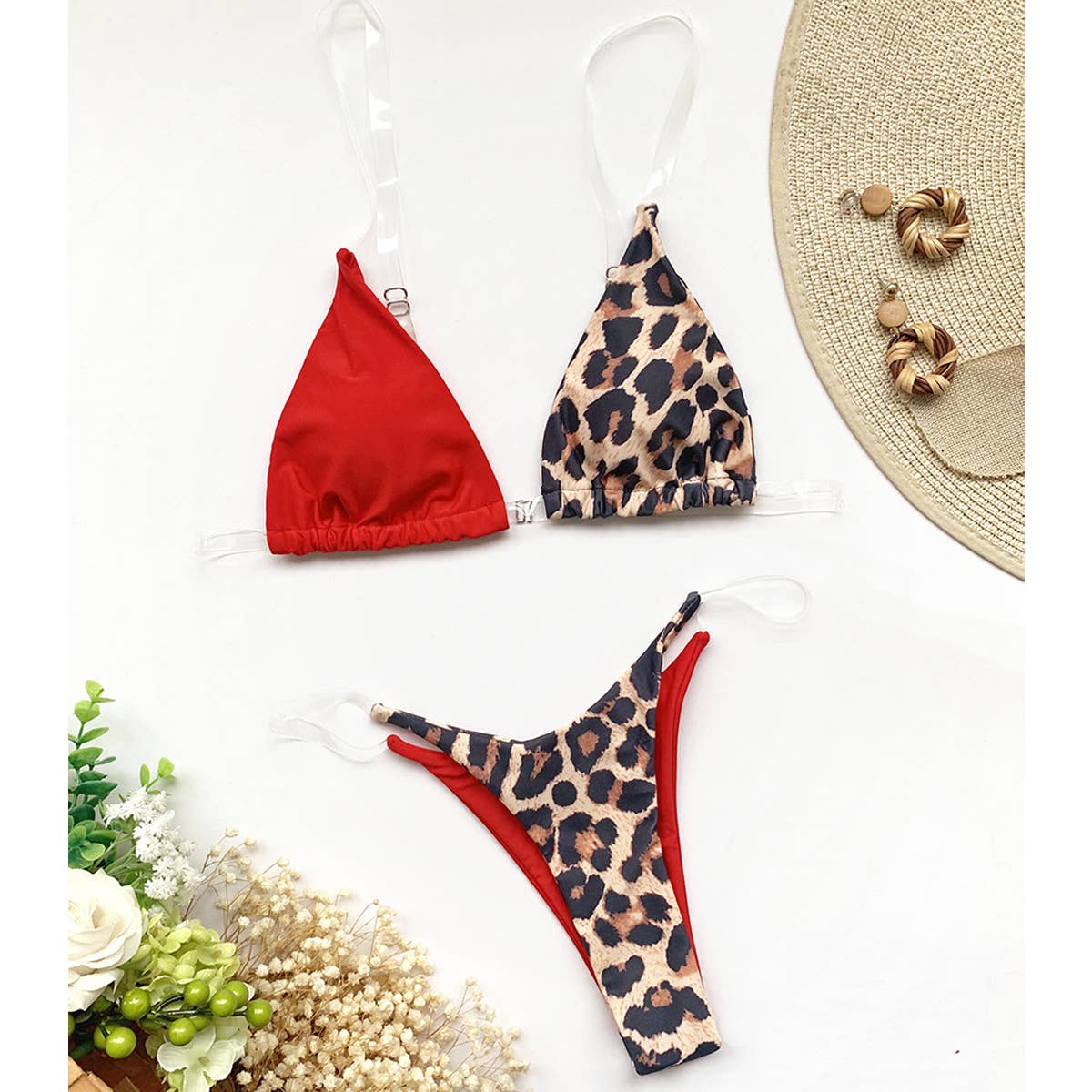 INVISIBLE STRAP LEOPARD PRINT SWIMSUIT