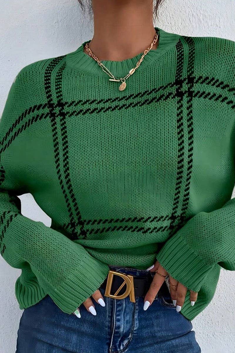 CWOSWL07350_PLAID COLORBLOCK CREWNECK KNIT SWEATER