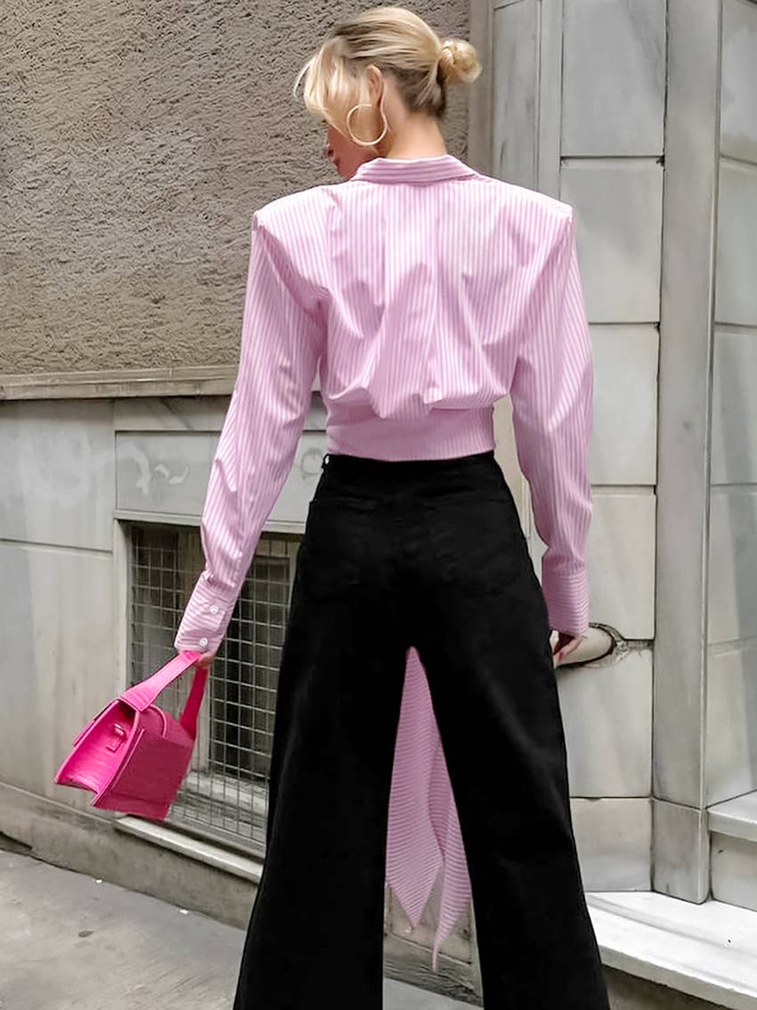 Chic sriped tie waist button down shirt