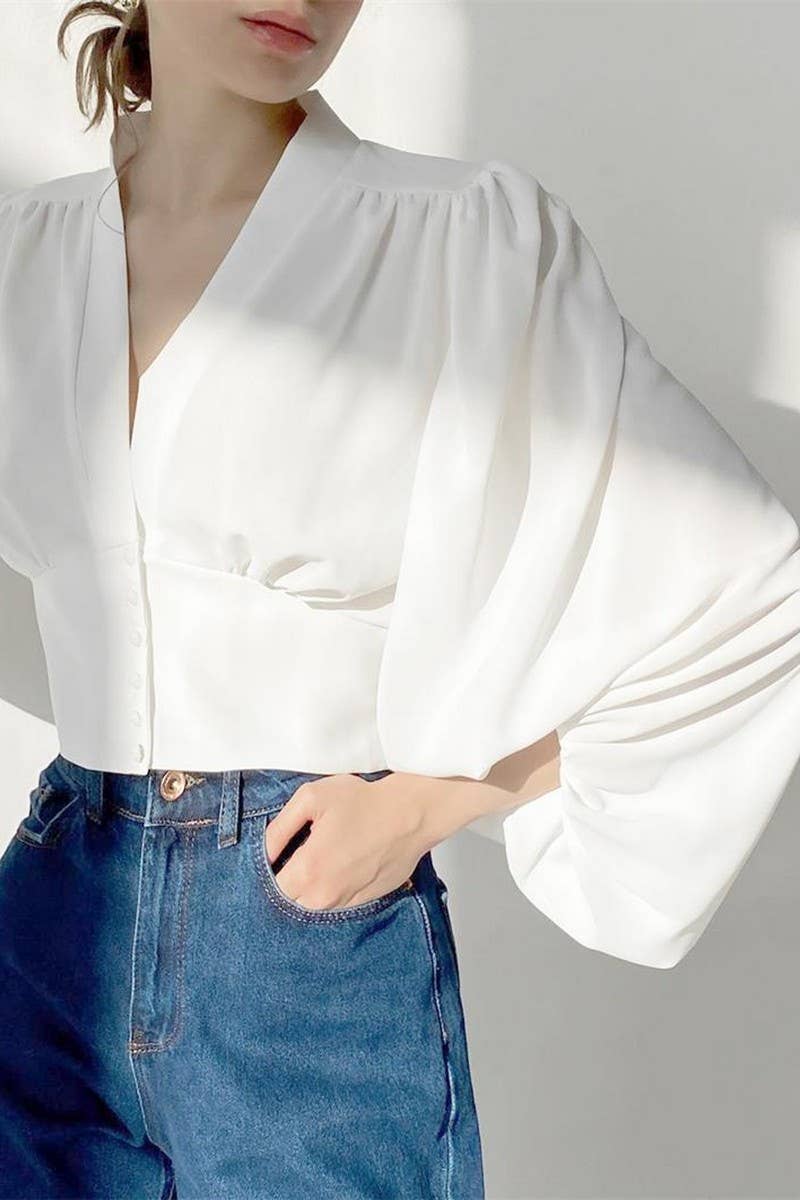 CWTBLL3355_V-NECK CROPPED NAVEL-BARING CHIFFON SHIRT TOP