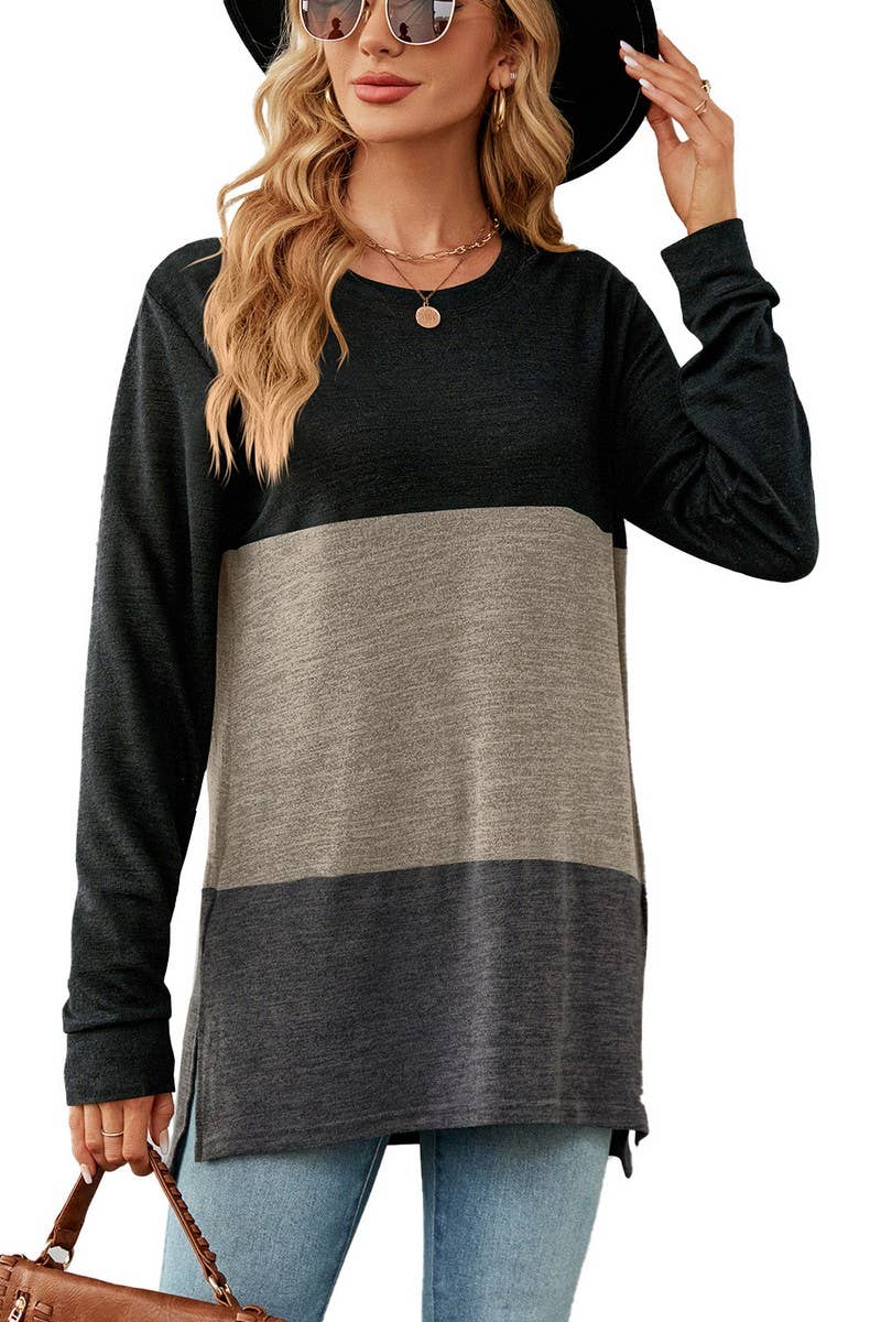 CWTBLL2411_SOLID COLOR ROUND NECK CONTRAST STITCHING T-SHIRT