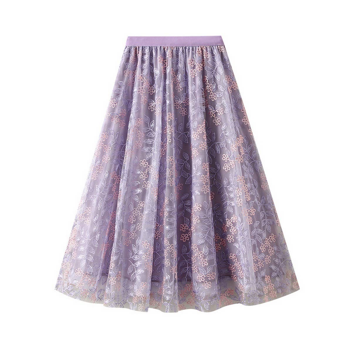 Embroidered Layered Tulle Skirt with Elastic Waist