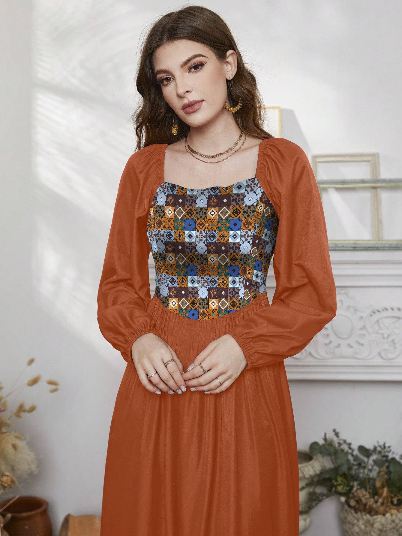 BOHO LANTERN SLEEVE GEOMETRIC PRINT DRESS