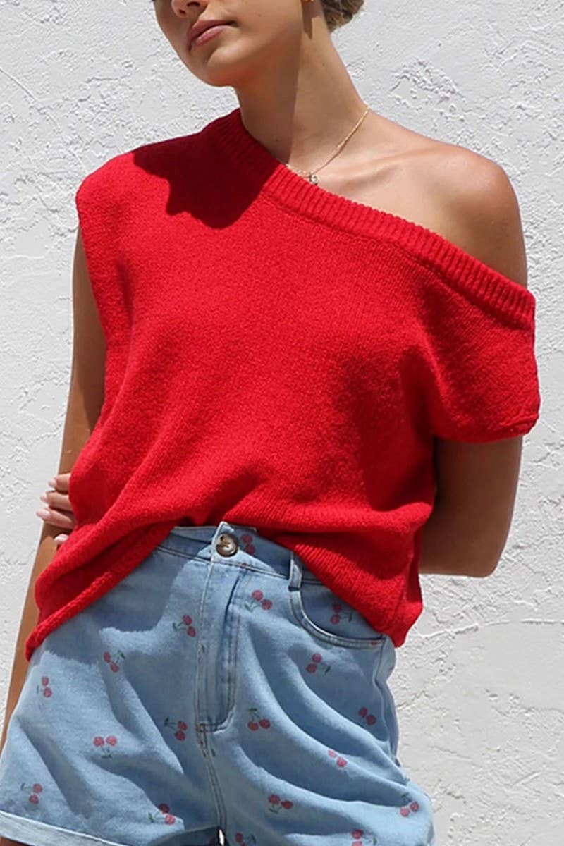 CWOSWS0129_SOLID COLOR KNITTED SHORT-SLEEVED PULLOVER TOP