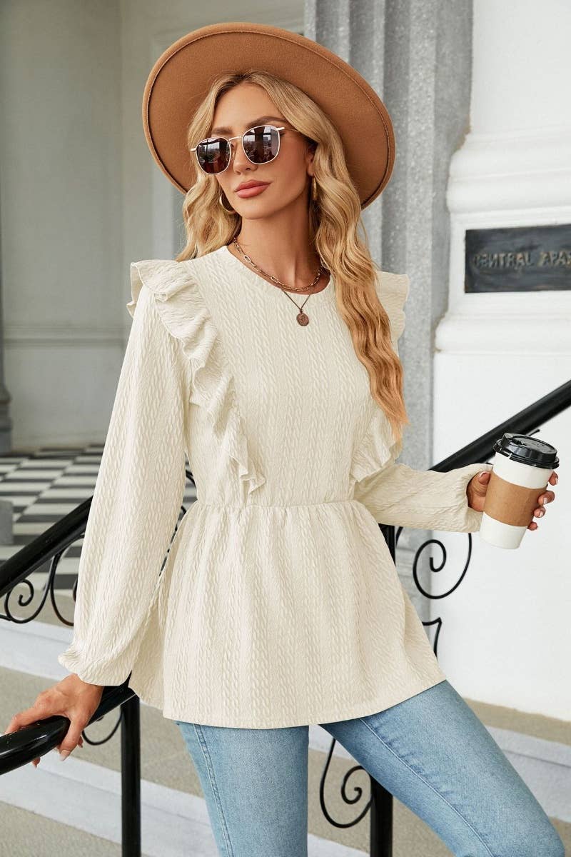 CWTBLL2827_AUTUMN LONG SLEEVE SOLID COLOR PLEATED TOP