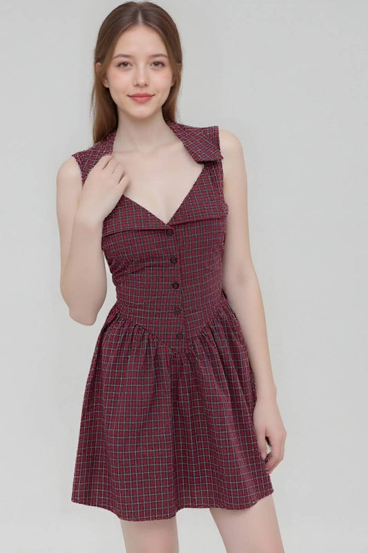 CWDSD8873_PLAID HALTER POLO NECK SLEEVELESS MINI DRESS