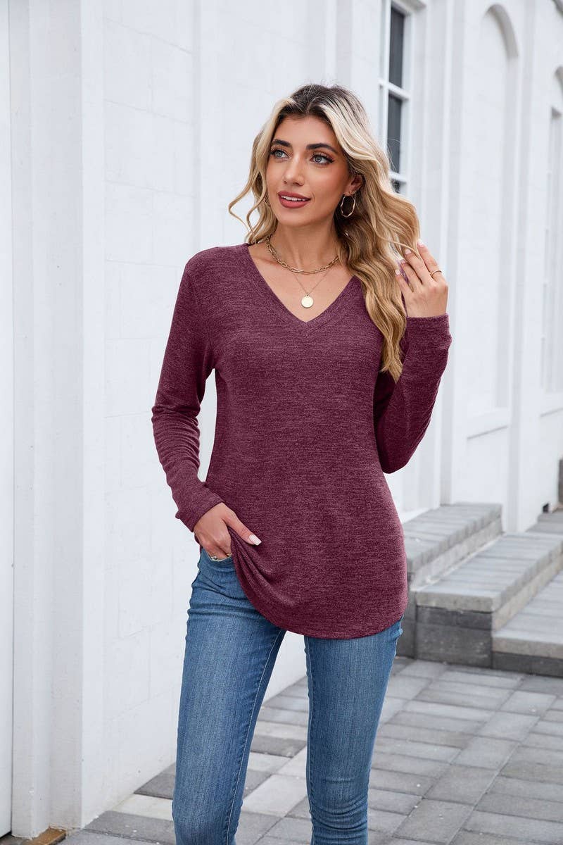 CWTBLL01302_V NECK LOOSE FIT LONG SLEEVE CASUAL TEE