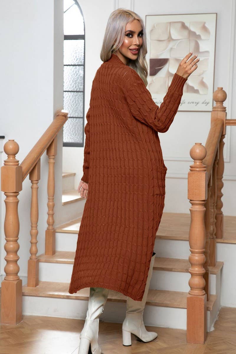 CWOCAL1167_KNITTED TWIST POCKET LONG CARDIGAN SWEATER