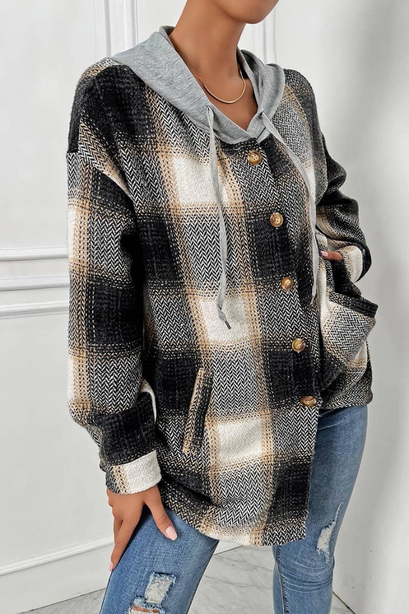 CWTSTL2091_HOODED SINGLE-BREASTED PLAID LONG-SLEEVED COAT