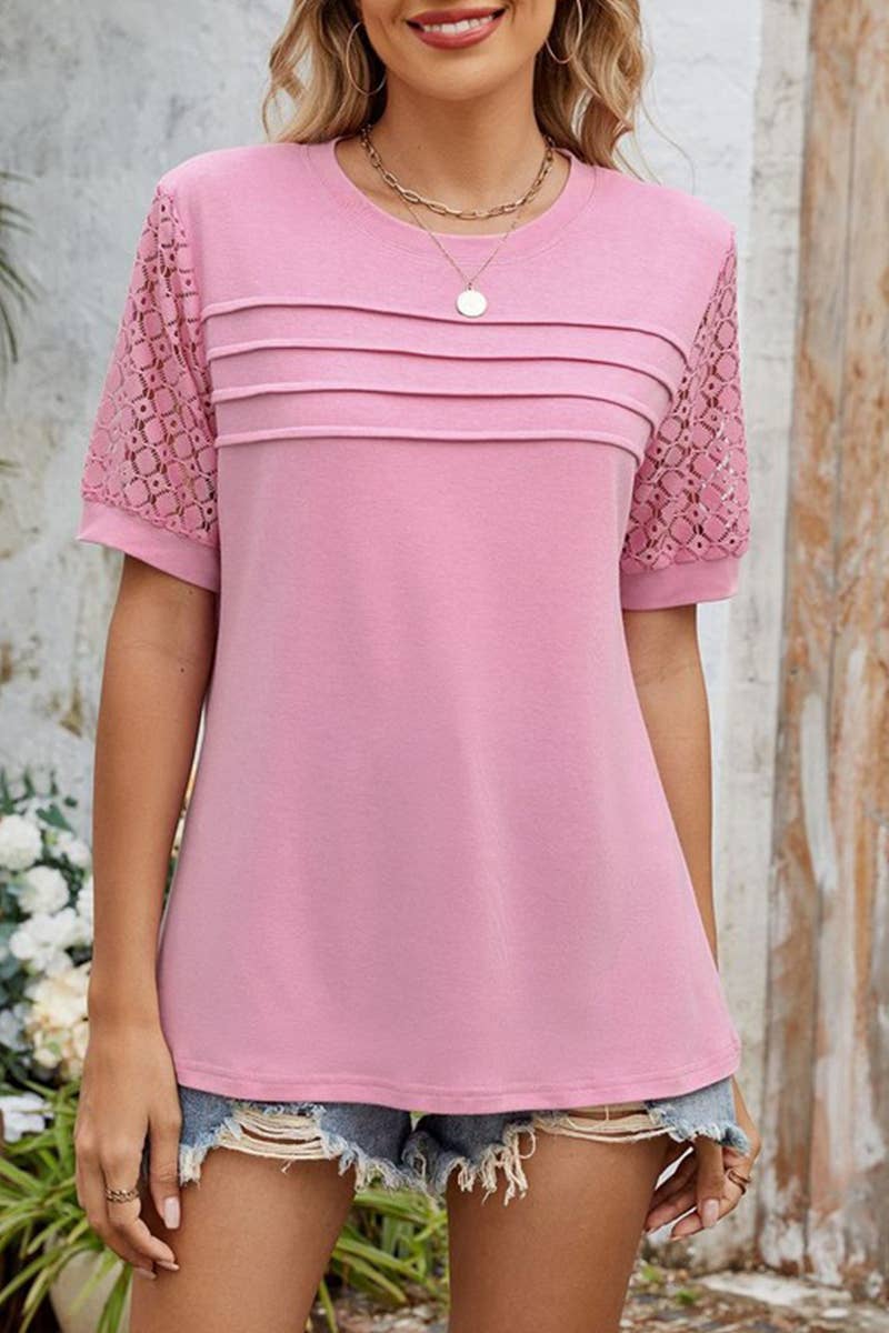 CWTTS1334_SUMMER LOOSE LACE PATCHWORK SHORT SLEEVES