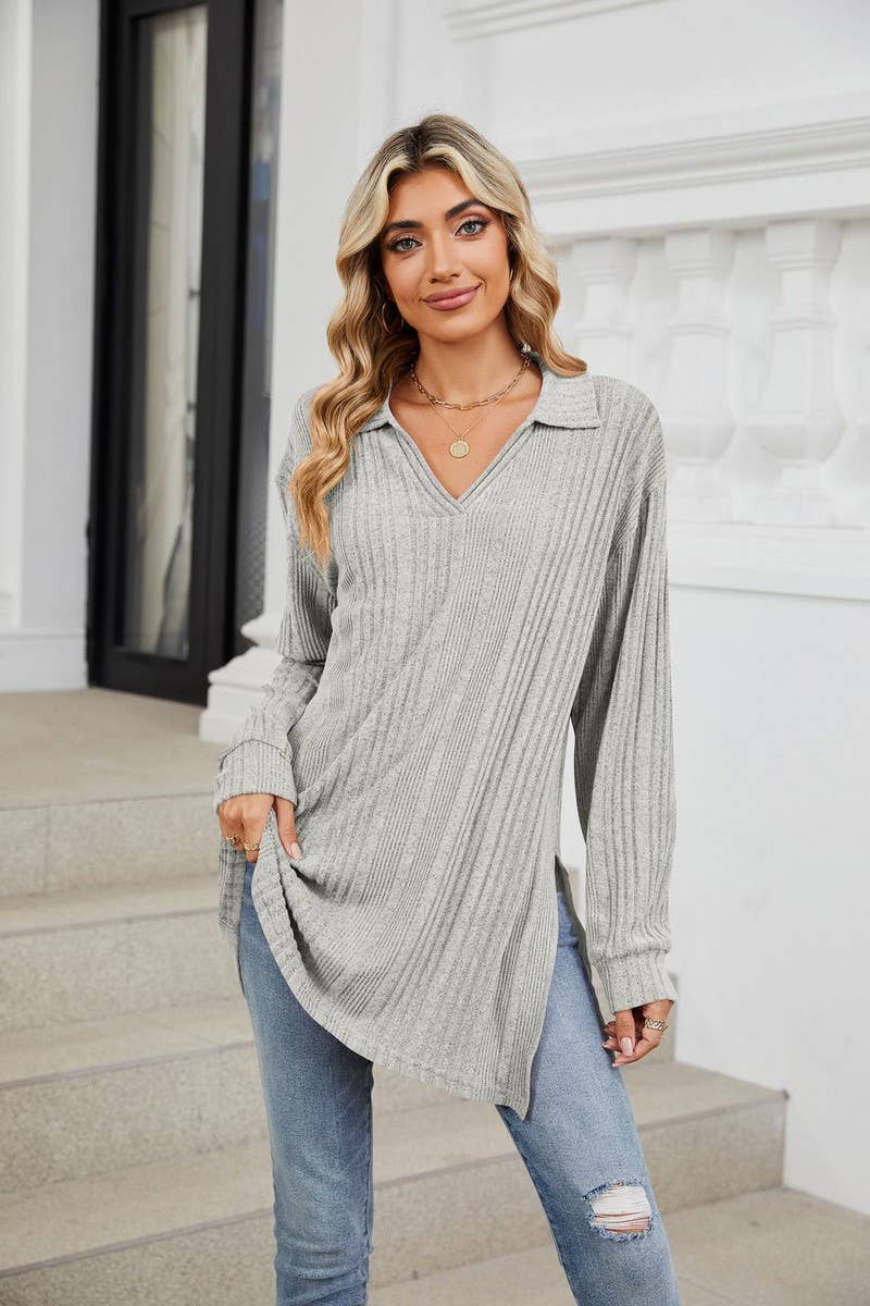 CWTBLL3668_FLIP COLLAR SLIT LONG SLEEVED LOOSE T-SHIRT TOP