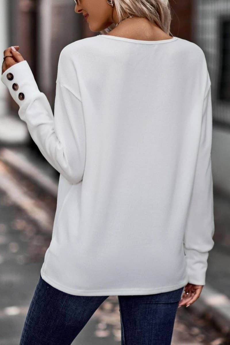 CWTBLL4000_SOLID V-NECK BUTTON LONG SLEEVE LOOSE TEE