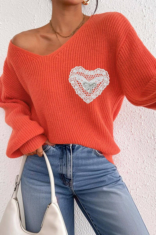 CWOSWL07339_WOMEN V NECK LACE BOW POCKET KNIT SWEATER