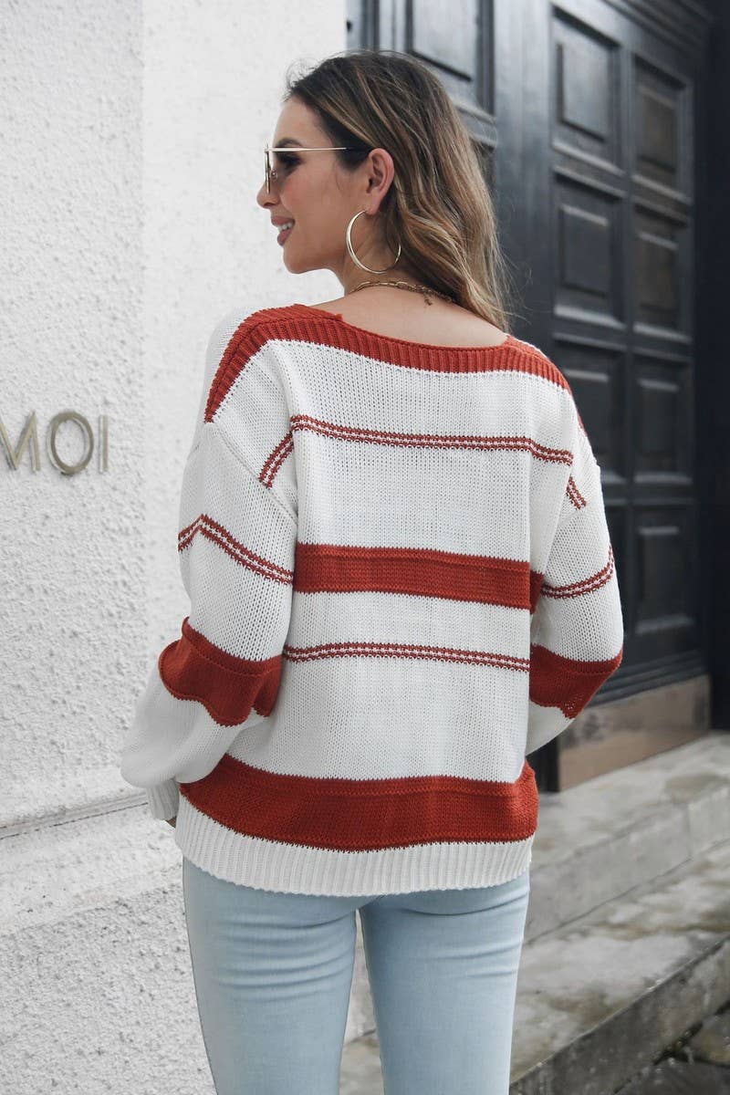 CWOSWL4195_LOOSE STRIPED V-NECK LONG SLEEVE SWEATER