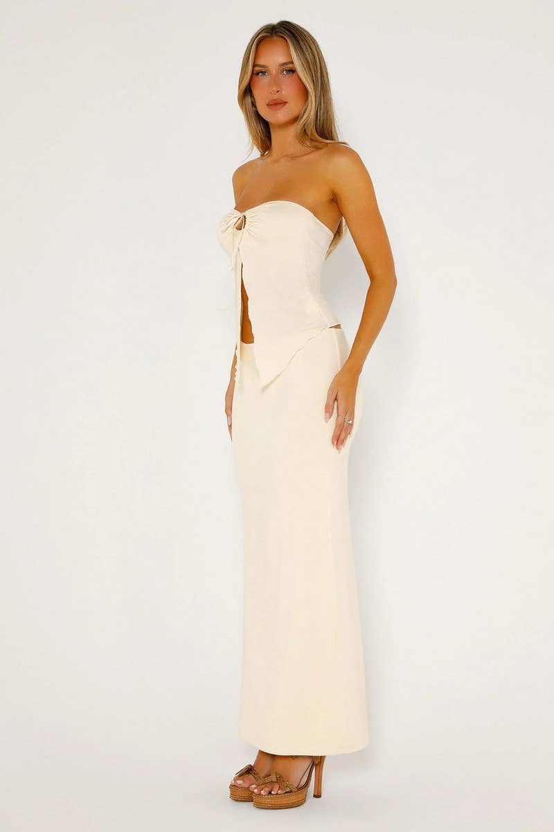 CWSTB1436_MESH DOUBLE-LAYER SLIT TUBE-TOP LONG SKIRT SUIT