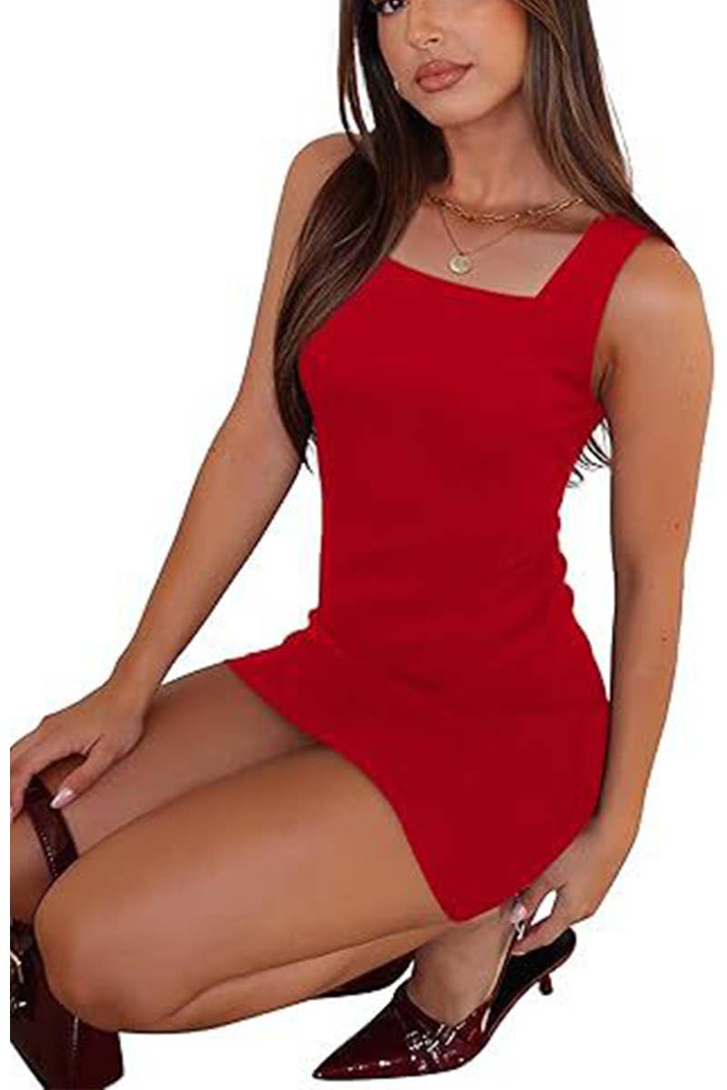 CWDSD8809_SLEEVELESS SQUARE NECK BODYCON MINI DRESS