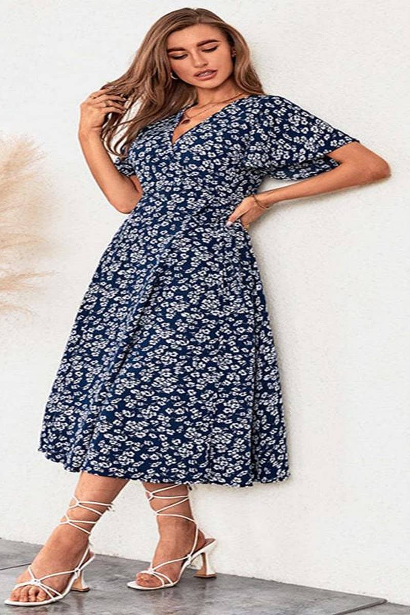 CWDMD4130_PRINTED V-NECK TIE HIGH WAIST MIDI DRESS