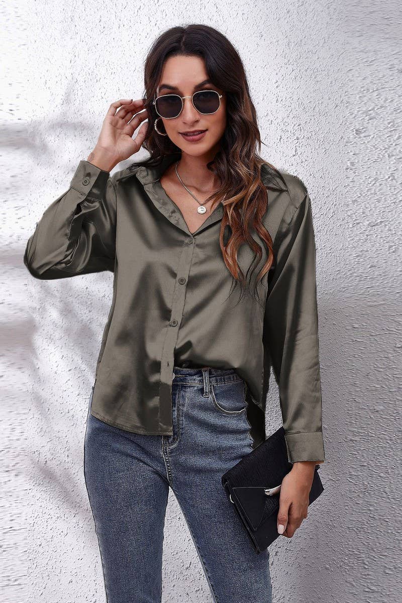 CWTBLL0691_Button Down Silky Satin Long Sleeve Top