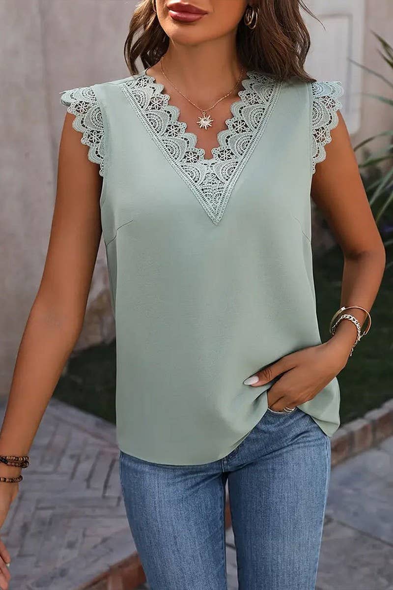 CWTTSL0348_SUMMER V-NECK ELEGANT LACE SLEEVELESS T-SHIRT