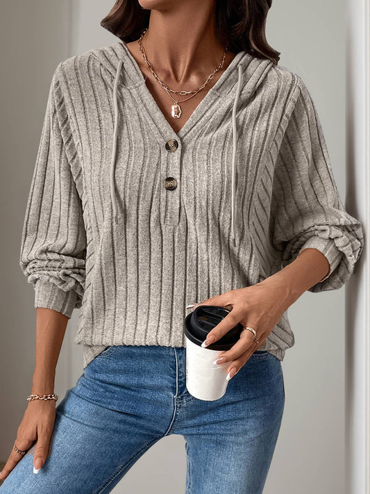 Casual striped hooded solid-color knitted top