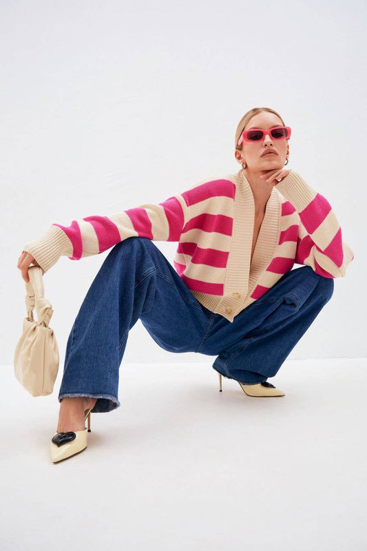 Contrasting color stripes loose knitted cardigan