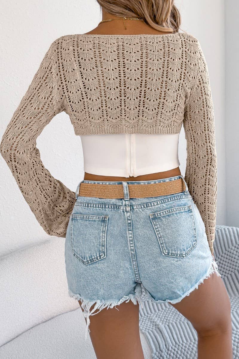 CWTBLL3973_CASUAL KNIT HOLLOW OUT LONG SLEEVE SHRUG TOP