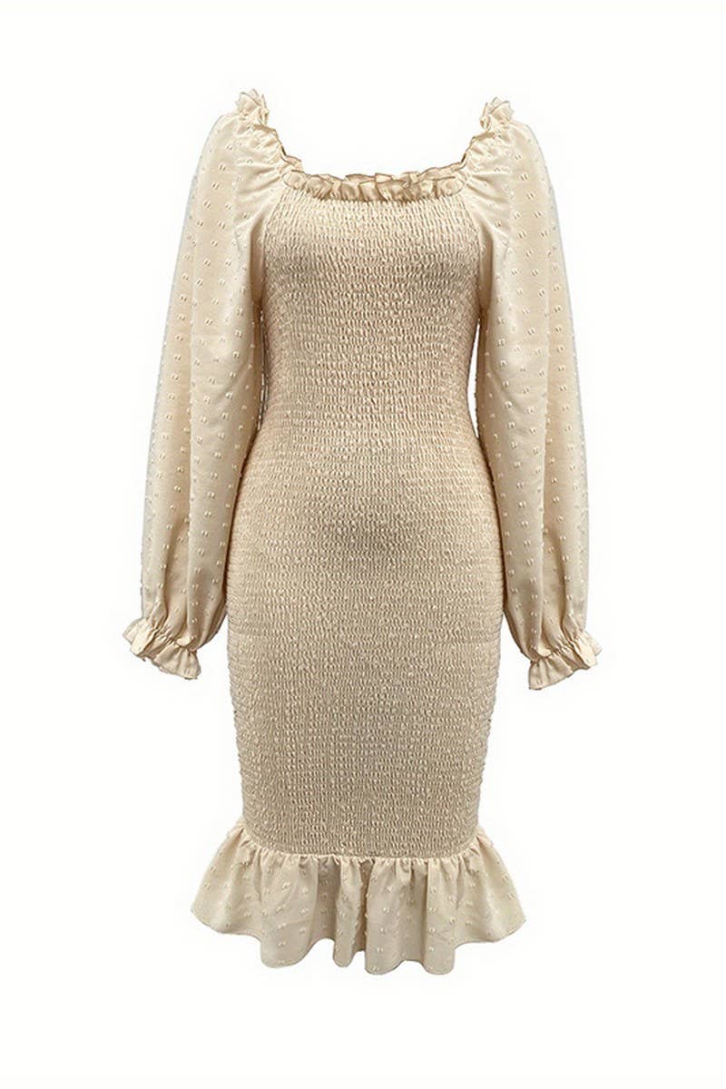 CWDMD5376_SOLID COLOR RUFFLE LONG SLEEVE BODYCON MIDI DRESS