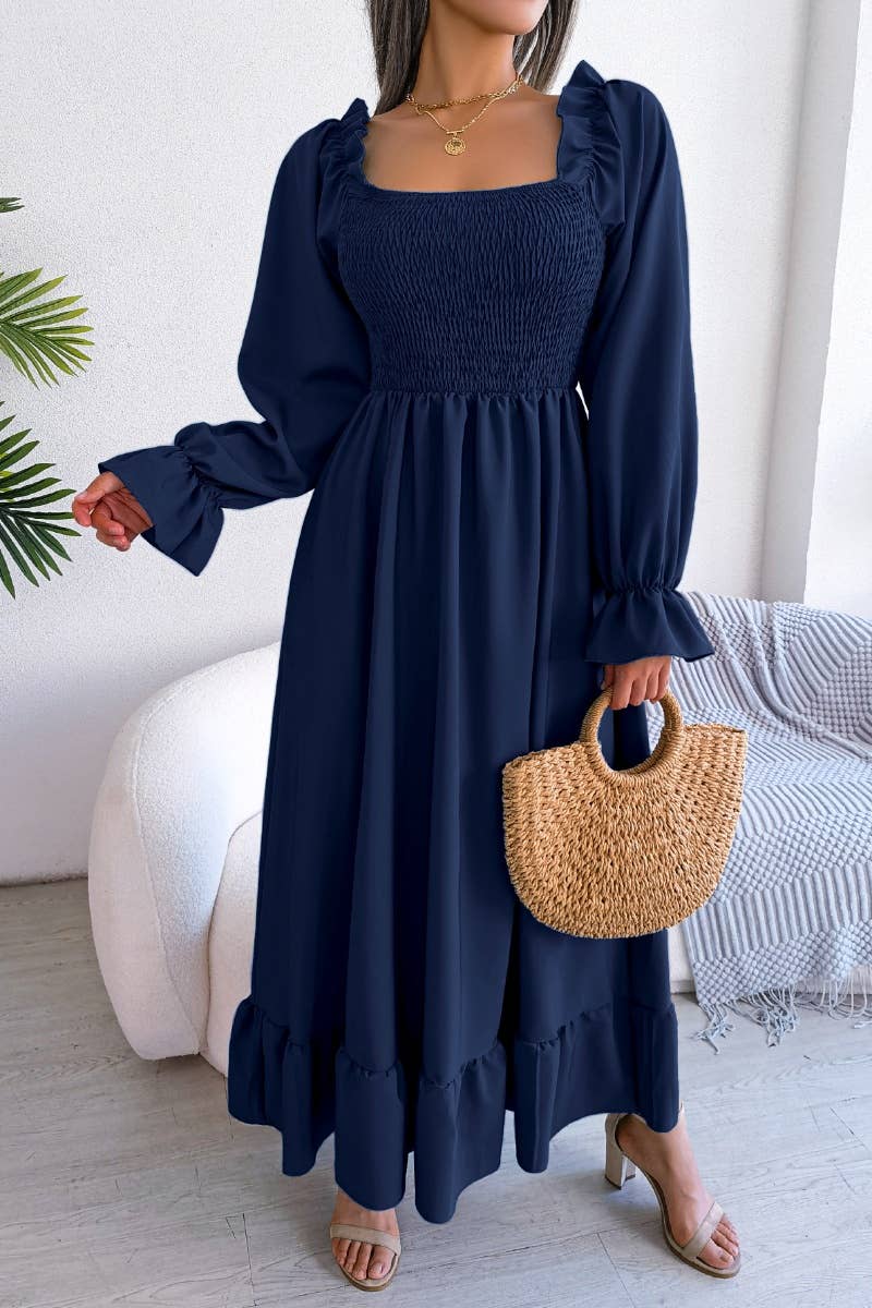 CWDMD2663_RUFFLED DRESS WITH SQUARE COLLAR FLARED SLEEVES