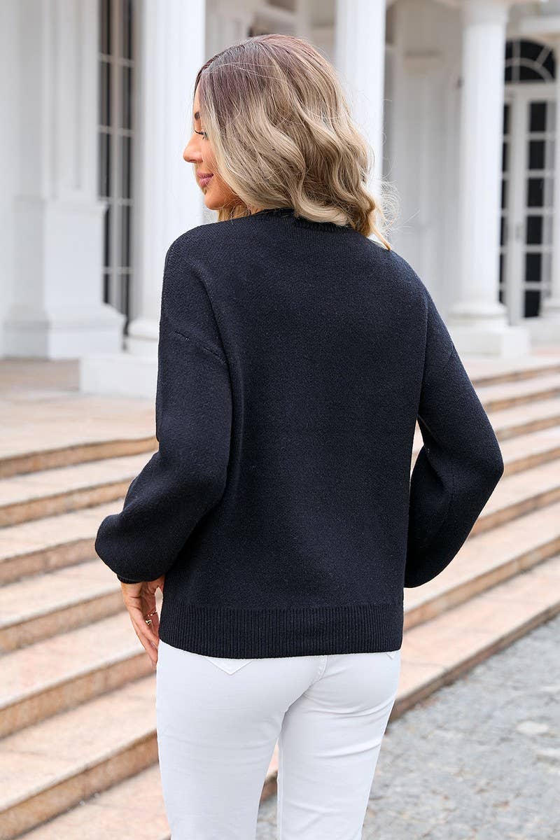 CWOSWL3069_SOLID COLOR BOW PRINT CREWNECK KNIT SWEATER