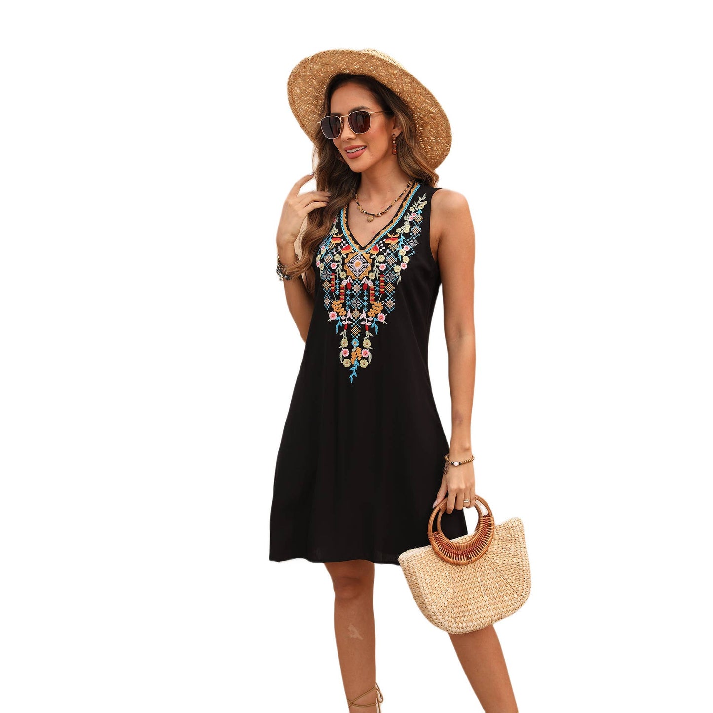 V-NECK EMBROIDERED FASHION TANK TOP DRESS - Quilted Design