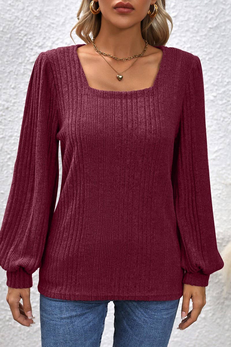 CWTBLL3198_SQUARE NECK BRUSHED LANTERN SLEEVE TOP