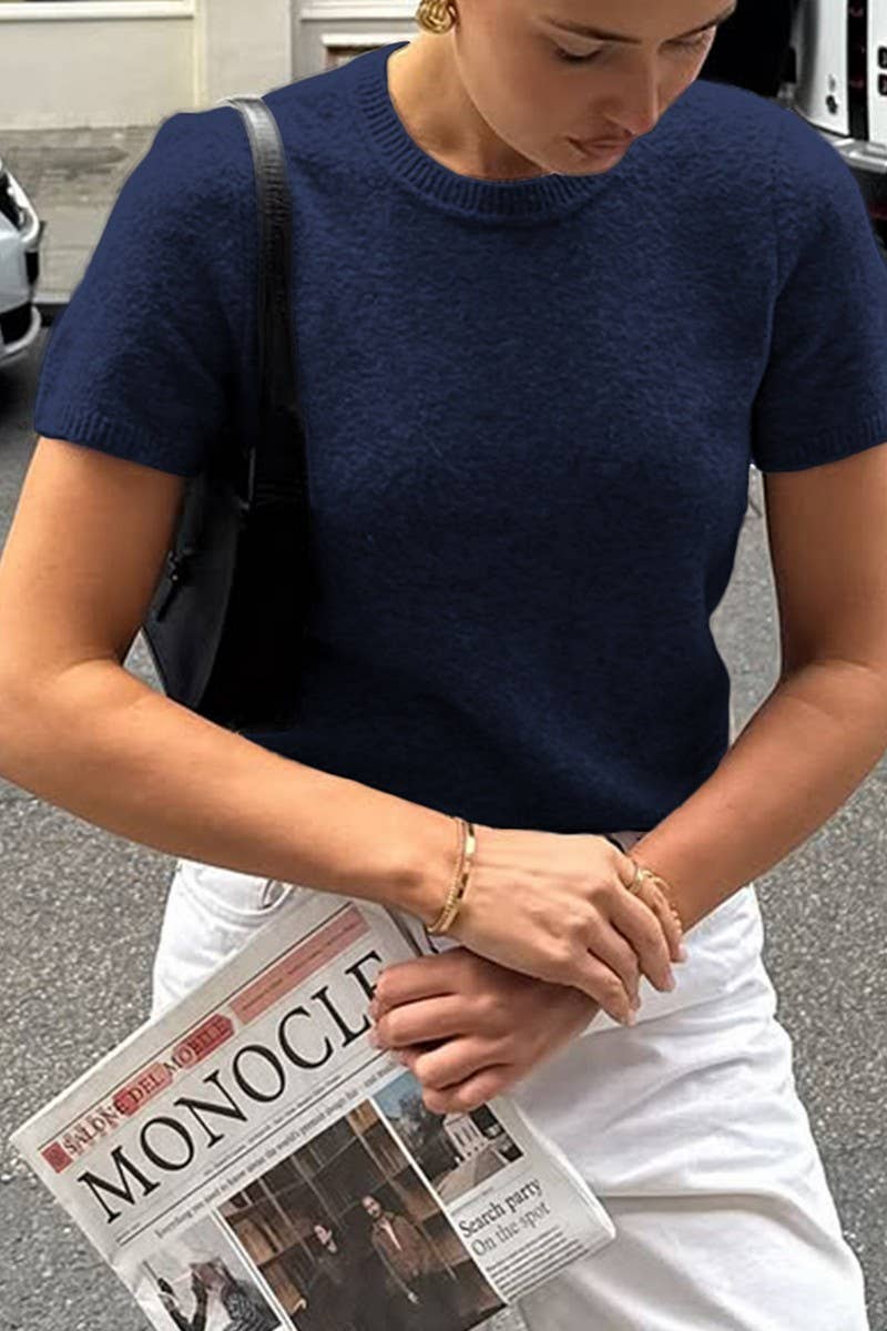 CWOSWS00157_CASUAL SOLID SHORT SLEEVE KNIT TOP