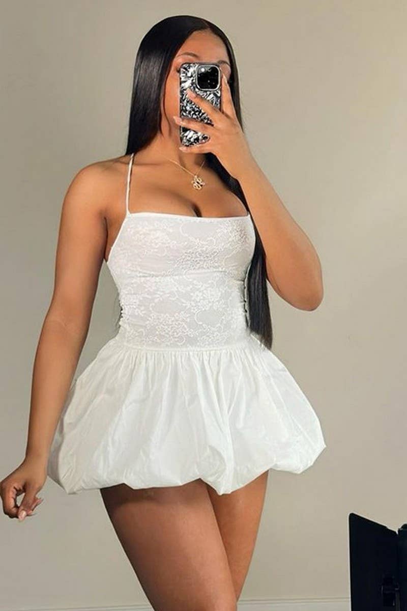 CWDHL0639_SOLID COLOR HALTERNECK TIE BUBBLE SHORT DRESS