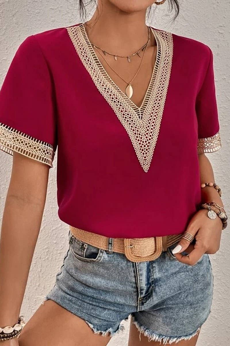 CWTBLS0826_V-NECK LACE CASUAL SOLID COLOR SHIRT