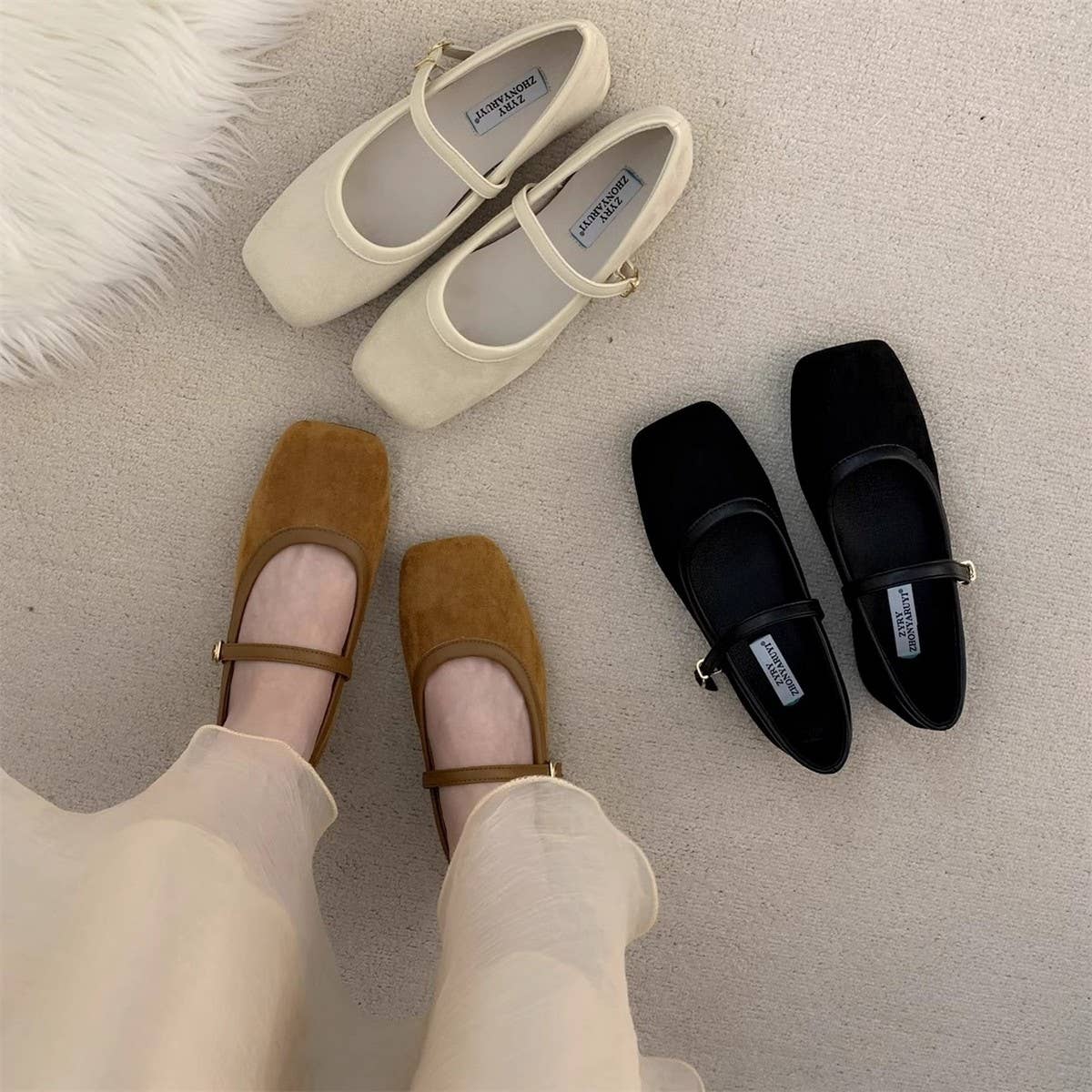 Retro Suede Mary Janes with Low Block Heels