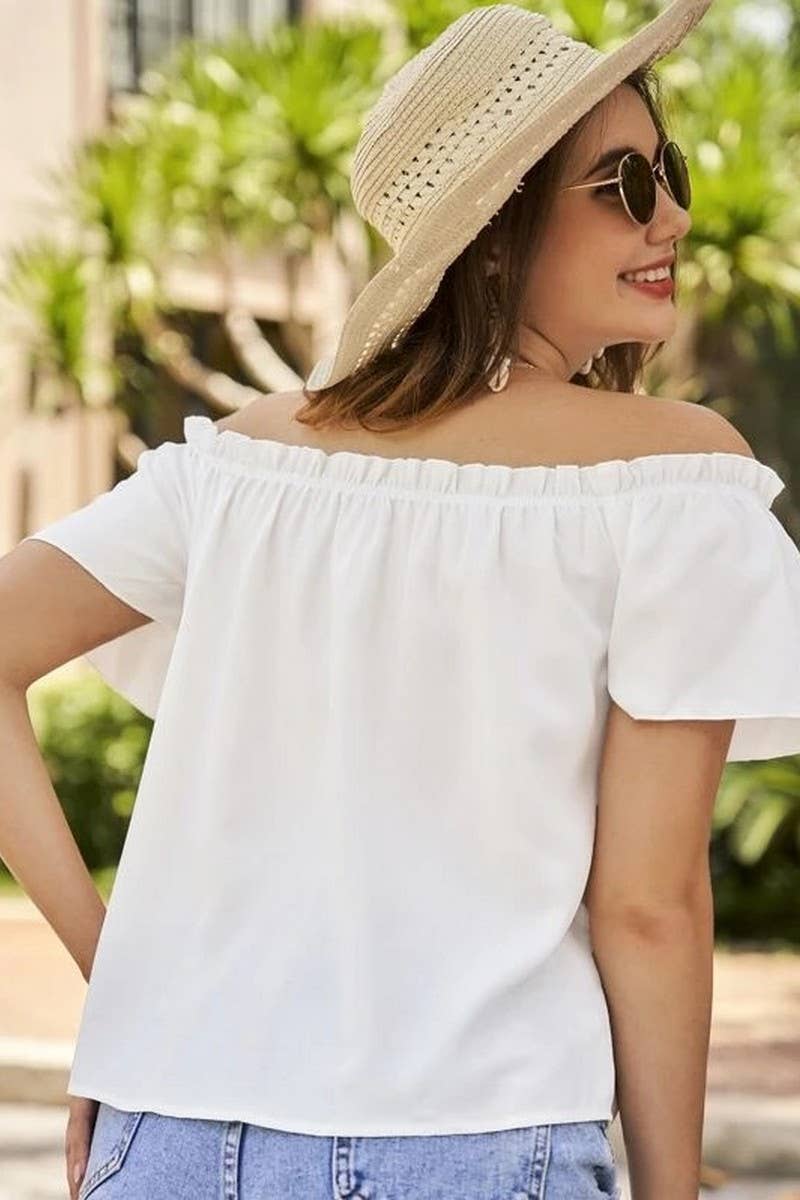 CWTBLS1493_SOLID COLOR OFF-SHOULDER RUFFLE SHIRT TOP