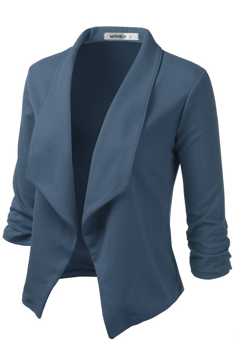 CWOBL091_Casual Work Ruched 3/4 Slv Open Front Blazer Jacket